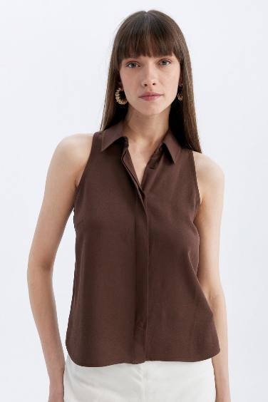 Regular Fit Shirt Collar Linen Blend Sleeveless Blouse