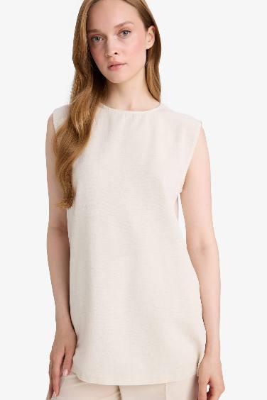 Regular Fit Crew Neck Basic Linen Blend Tunic