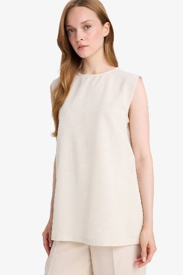 Regular Fit Crew Neck Basic Linen Blend Tunic