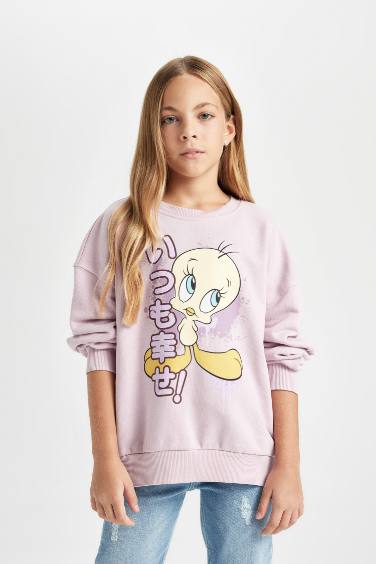 Kız Çocuk Looney Tunes Baskılı Oversize Geniş Kalıp Bisiklet Yaka Sweatshirt