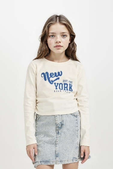 Kız Çocuk Cropped Fit Bisiklet Yaka Baskılı Ribana Uzun Kollu Tişört