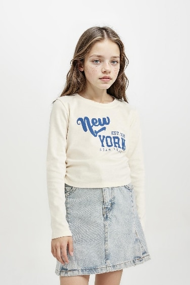 Kız Çocuk Cropped Fit Bisiklet Yaka Baskılı Ribana Uzun Kollu Tişört