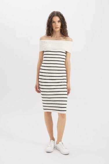 Fitted Striped Open Shoulder Ribbed Midi Dress