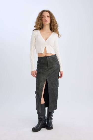 Pencil Skirt Faux Leather High Waist Midi Knitted Skirt