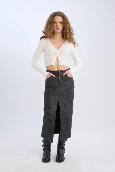 Pencil Skirt Faux Leather High Waist Midi Knitted Skirt
