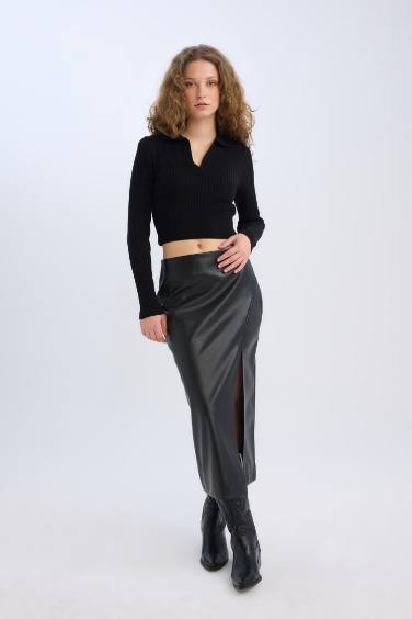 Pencil Skirt Faux Leather High Waist Midi Knitted Skirt