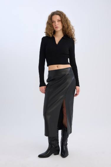 Pencil Skirt Faux Leather High Waist Midi Knitted Skirt
