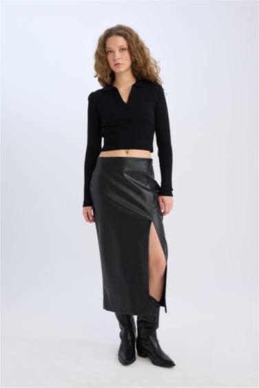Pencil Skirt Faux Leather High Waist Midi Knitted Skirt