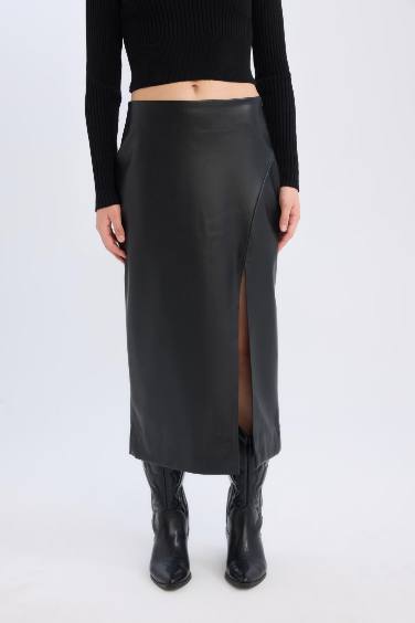 Pencil Skirt Faux Leather High Waist Midi Knitted Skirt