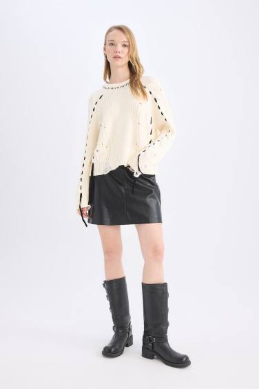 Coool A Cut Faux Leather High waist Mini Knitted Skirt