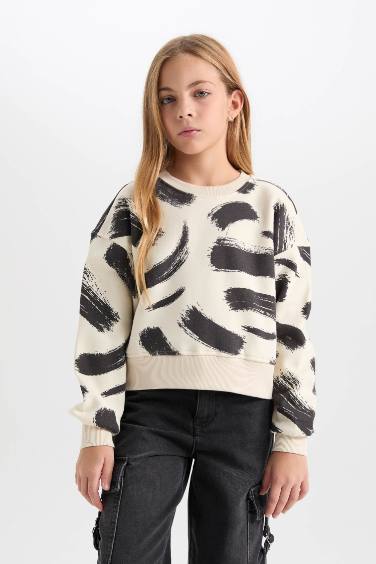 Girl Patterned Crew Neck Thick Sweatshirt