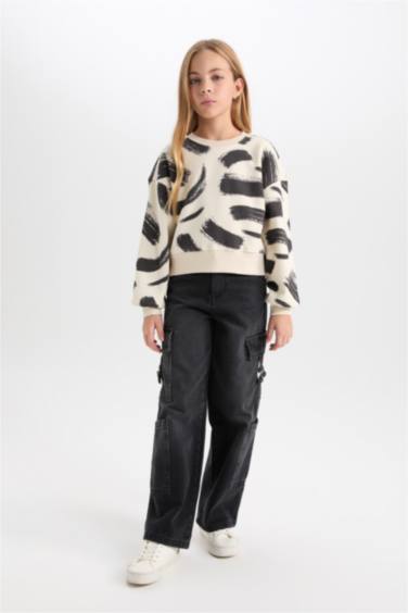 Kız Çocuk Desenli Bisiklet Yaka Sweatshirt