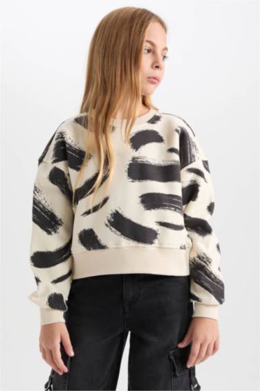 Kız Çocuk Desenli Bisiklet Yaka Sweatshirt