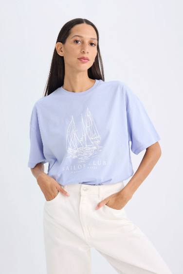 Oversize Fit Crew Neck Nautical Printed Cotton T-Shirt