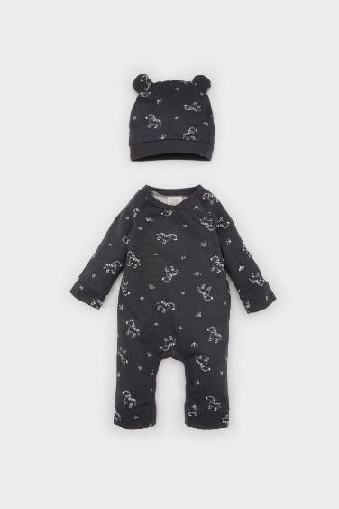 Boy Baby Newborn Zebra Printed Jumpsuit Beanie 2 Piece Set