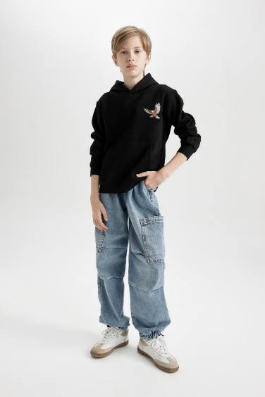 Boy Printed Hooded Thick Black Sweatshirt