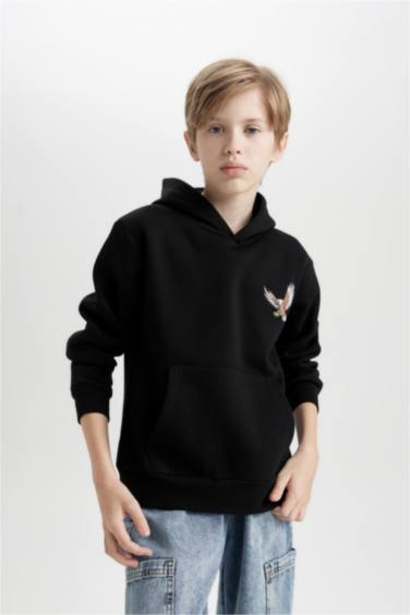 Boy Printed Hooded Thick Black Sweatshirt