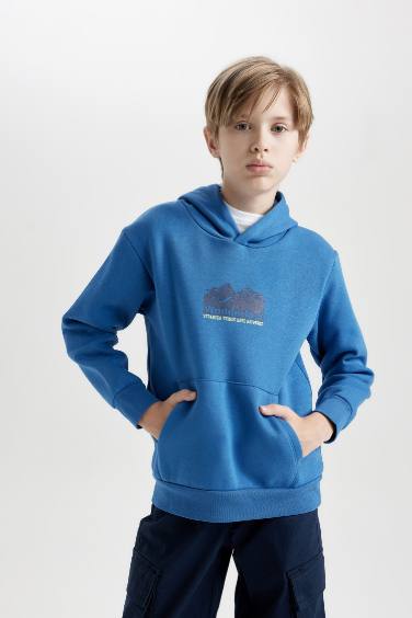 Boy Regular Fit Hooded Back Printed Thick Sweatshirt