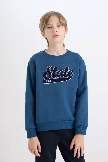 Boy Navy Blue Crew Neck Embroidered Thick Sweatshirt