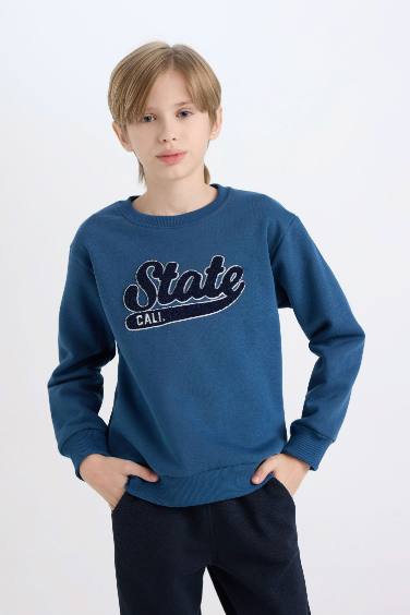Boy Navy Blue Crew Neck Embroidered Thick Sweatshirt