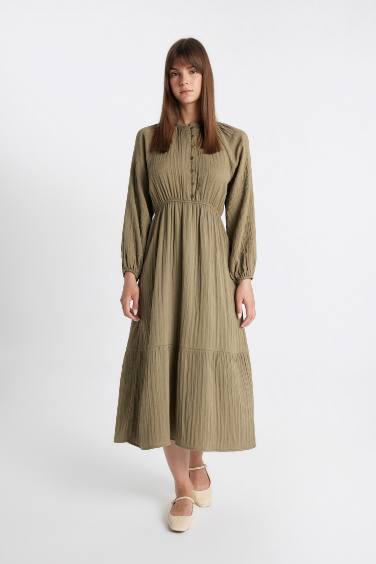 Relax Fit Crew Neck Linen Blend Long Sleeve Dress