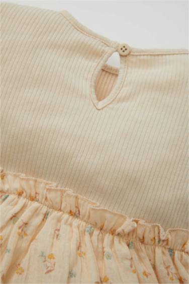 فستان بيبي بناتي فلورال مضلع قصة عادية كم طويل بياقة مستديرة