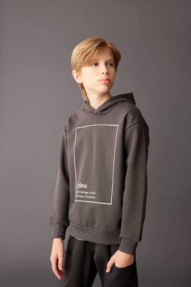 Boy Hooded Printed Thick Sweatshirt