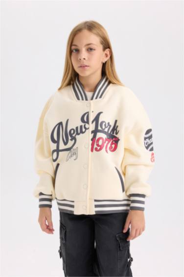 جاكيت بومبر بناتي تقيل بيج بطبعة شعار اوفر سايز ببطانة ناعمة