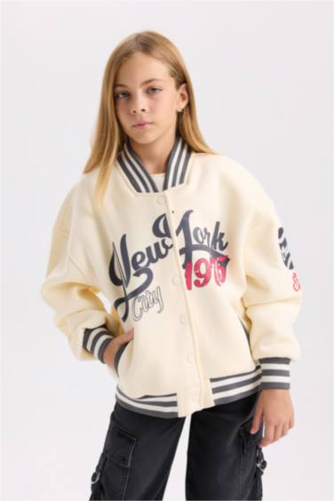 جاكيت بومبر بناتي تقيل بيج بطبعة شعار اوفر سايز ببطانة ناعمة