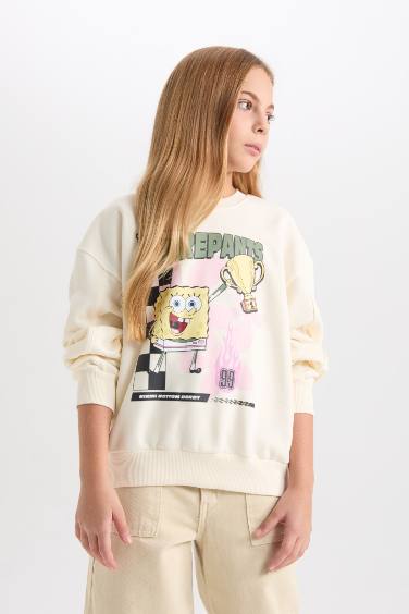Kız Çocuk SpongeBob Relax Fit Bisiklet Yaka 3D Sweatshirt