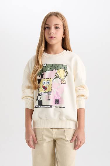 Kız Çocuk SpongeBob Relax Fit Bisiklet Yaka 3D Sweatshirt
