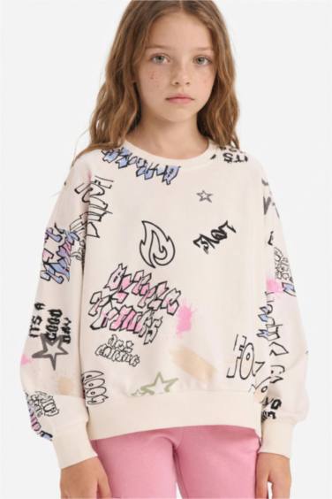 Oversize Geniş Kalıp Bisiklet Yaka 3D Baskılı Sweatshirt Kız Çocuk