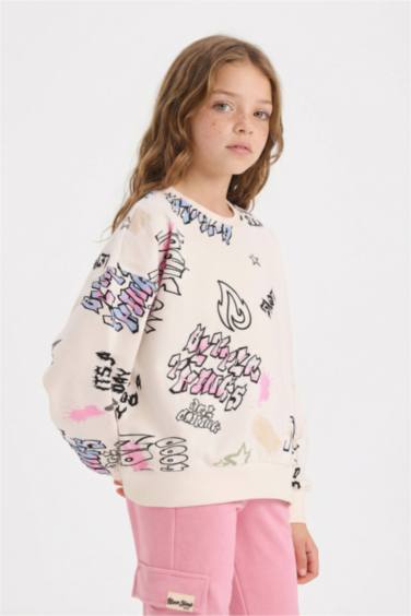 Oversize Geniş Kalıp Bisiklet Yaka 3D Baskılı Sweatshirt Kız Çocuk