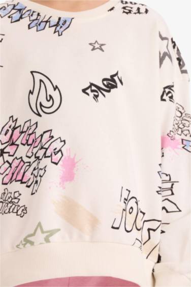 Oversize Geniş Kalıp Bisiklet Yaka 3D Baskılı Sweatshirt Kız Çocuk