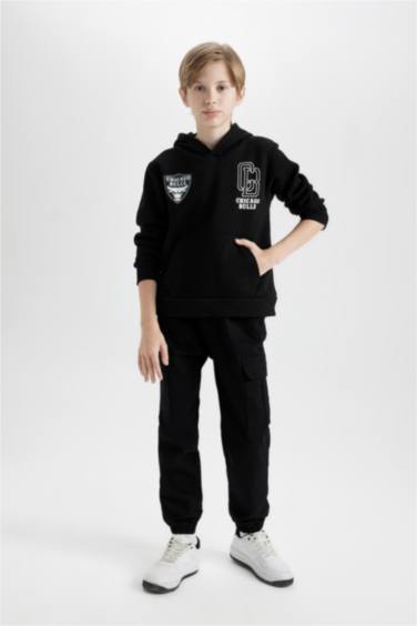 Erkek Çocuk Siyah NBA Chicago Bulls Oversize Geniş Kalıp Kapüşonlu Sırt Baskılı Sweatshirt