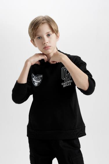 Erkek Çocuk Siyah NBA Chicago Bulls Oversize Geniş Kalıp Kapüşonlu Sırt Baskılı Sweatshirt