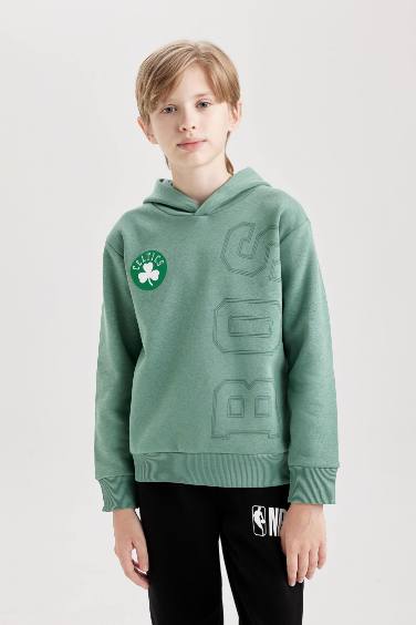 Erkek Çocuk Yeşil NBA Boston Celtics Kapüşonlu Sırt Baskılı Kalın Sweatshirt