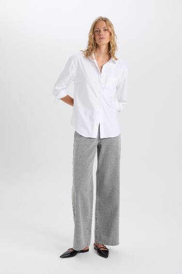 Oversize Geniş Kalıp Cepli Basic Düz Poplin Uzun Kollu Beyaz Gömlek
