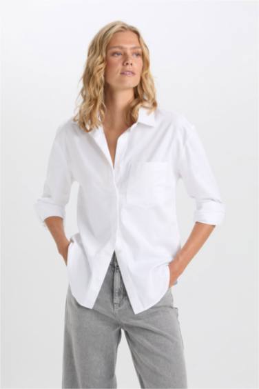 Oversize Geniş Kalıp Cepli Basic Düz Poplin Uzun Kollu Beyaz Gömlek