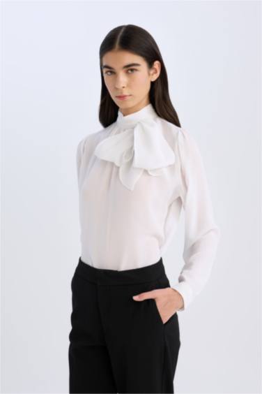 Regular Fit Fiyonk Yaka Basic Düz Saten Uzun Kollu Bluz