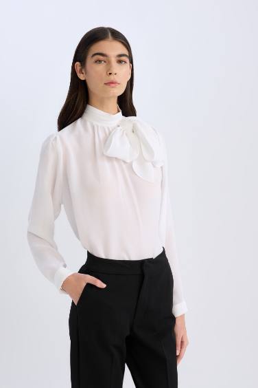 Regular Fit Fiyonk Yaka Basic Düz Saten Uzun Kollu Bluz