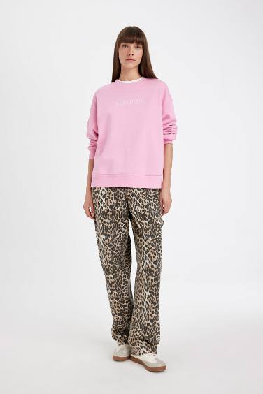 Relax Fit Bisiklet Yaka Baskılı Kalın Sweatshirt