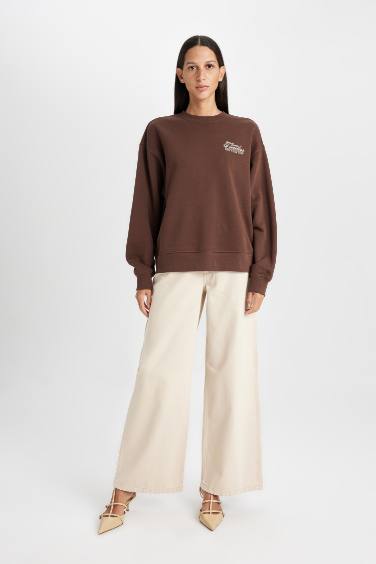 Relax Fit Bisiklet Yaka Baskılı Kalın Sweatshirt