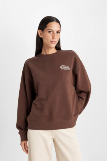 Relax Fit Bisiklet Yaka Baskılı Kalın Sweatshirt