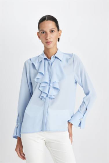 Regular Fit Volanlı Yaka Taşlı Düğmeli Krep Uzun Kollu Bluz