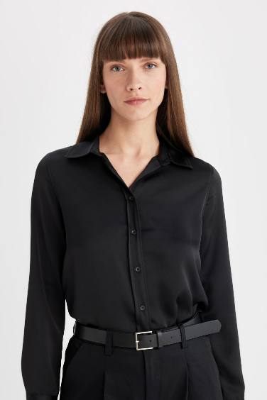 Regular Fit Basic Buttoned Poplin Black Shirt