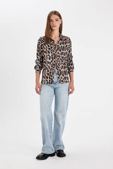Regular Fit Leopard Patterned Poplin Shirt