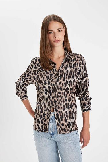 Regular Fit Leopard Patterned Poplin Shirt