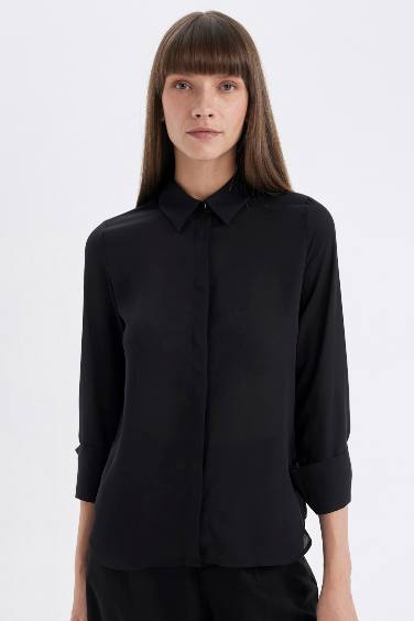 Regular Fit Basic Crepe Woven Long Sleeve Black Shirt