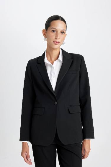 Fitted Ceket Yaka Düğme Kapamalı Basic Düz Blazer Ceket